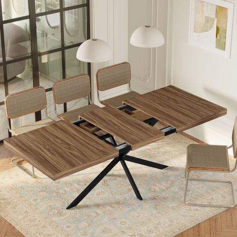 Table de salle à manger extensible 140-180x80 cm, plateau rectangulaire en MDF, rangement caché, pieds en X métal noir, pour 4-6 personnes - Marron (1/5)