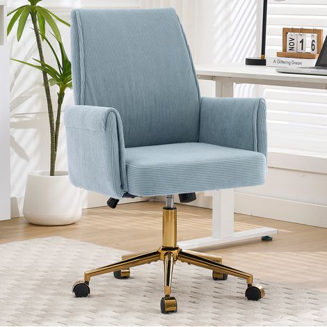 Poltrona da ufficio ergonomica con braccioli, base in metallo dorato, rivestimento in velluto a coste blu (1/5)