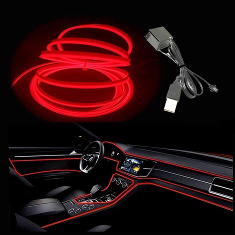 El Wire LED Strip Lights, 5M Neon Wire USB 5V with Fuse Protection for Automotive Car Interior Decoration with 6mm Sewing Edge (5M, Red) (1/5)