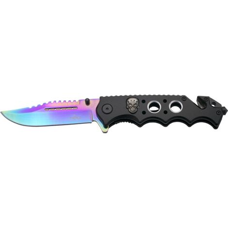 Couteau Third 17141W manche de aluminium noir avec trous et tête de mort. Lame de 10 cm plaquée titane rainbow brillant. Avec clip