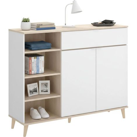 Dmora - Sideboard Dmezzon, Wohnzimmer-Pantry-Buffet, modernes Wohnzimmer-Sideboard mit 2 Türen, 120 x 40 x 102 cm, Weiß und Eiche