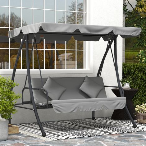 Altalena da giardino convertibile a 3 posti con tetto regolabile, materasso 2 x 1,25 x 1,7 m, struttura in metallo, poliestere grigio chiaro