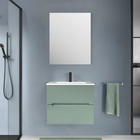 Mobile bagno sospeso 60 verde cannettato 2 cassetti lavabo e specchio Rigo (1/5)