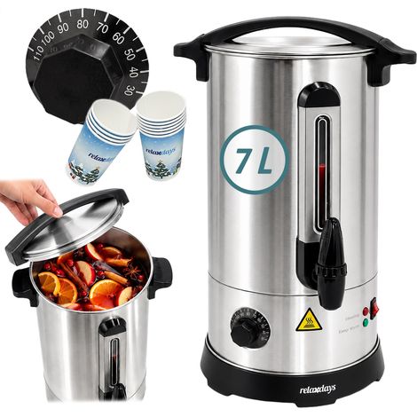 Relaxdays Glühweinkocher, 7 l, 30–110 °C, Zapfhahn, Thermostat, Füllstandsanzeige, Edelstahl, Glühweinautomat, silber (1/5)