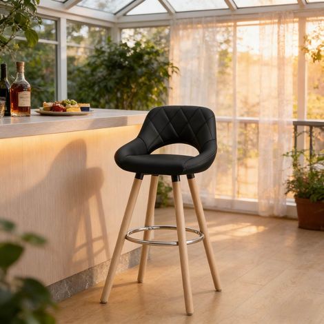 MEUBLIV Tabouret de bar noir avec dossier, assise en simili cuir et pieds en bois, 1 pièce (1/5)