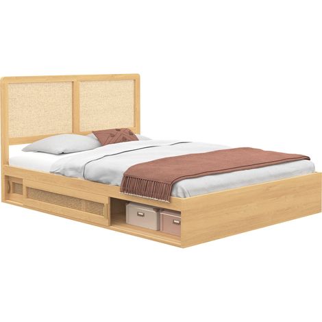 Doppelbett EDHEN mit Stauraum + Kopfteil aus Rohrgeflecht und Lattenrost 140 x 190 cm in Holzfarbe (1/5)