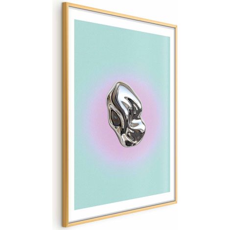 Poster – Metallische Form – abstrakte Skulptur auf mintgrünem Hintergrund mit violettem Heiligenschein (1/4)