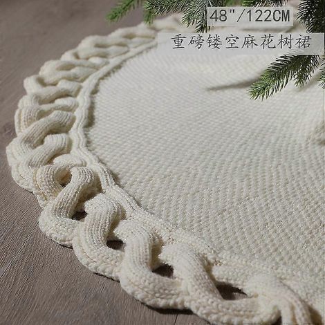 Gestrickter Weihnachtsbaumrock, 122 cm (48 Zoll), Zopfmusterrand, rustikaler, schwerer Garnbaumrock für Weihnachtsdekoration, cremeweiß (1/4)