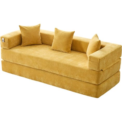 Sofá modular de chenilla amarillo mostaza con bolsillos laterales y base antideslizante (1/5)