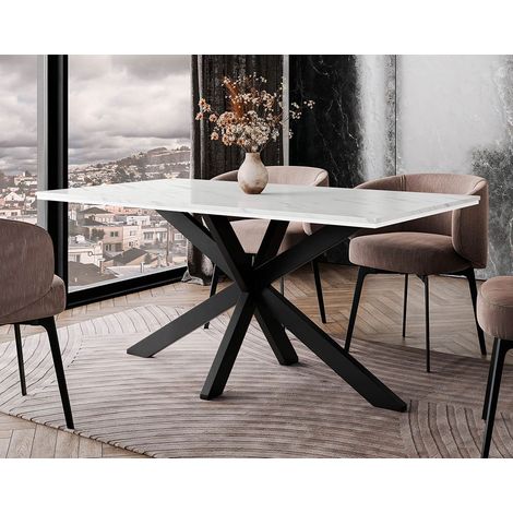 Tom - table à manger - plateau effet marbre - pieds en métal - 4 à 6 personnes - blanc / noir