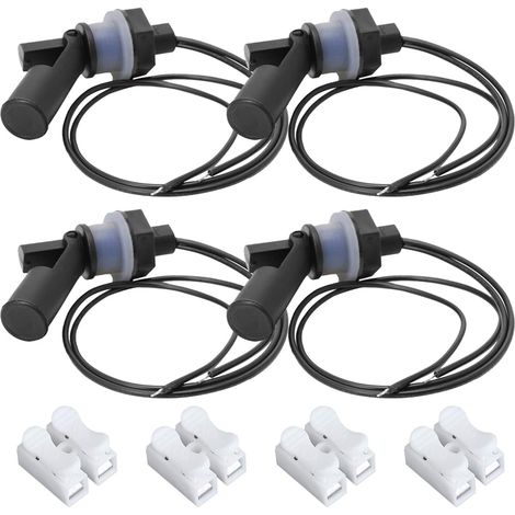 Interrupteur à flotteur à montage latéral, interrupteur à flotteur à détection de niveau de liquide avec câble métallique de 40 cm, avec connecteurs à ressort (paquet de 4, noir) (1/5)