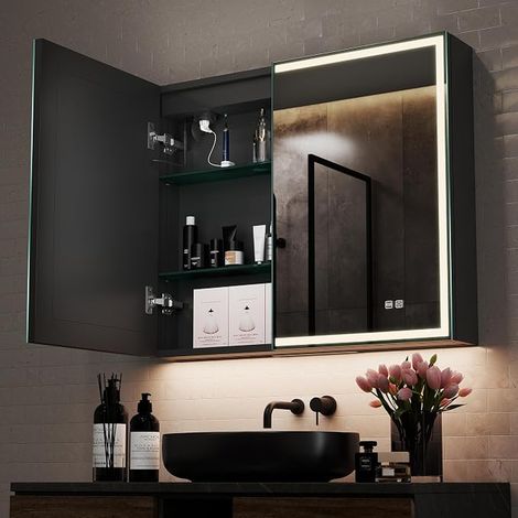 STARLEAD 60 x 80 cm LED Mirror Bathroom Cabinet with Anti-Fog, Matte Black (1/3)