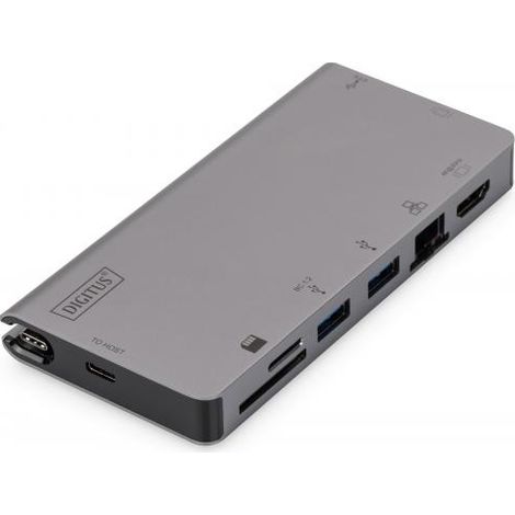 Dock da viaggio multiporta USB-C Digitus, 8 porte, grigio: 2x video, 2x USB C, 2x USB 3.0, RJ45, 2x lettore di schede, DA-70877 (1/4)