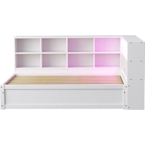 Multifunktionsbett 90 x 200 cm aus weißem Holz mit Stauraum, Steckdose und LED-Streifen (1/5)