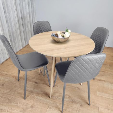 Dining Table and 4 Chairs Round Wood Effect 4 Grey Leather Chairs Dining Set (1/5)