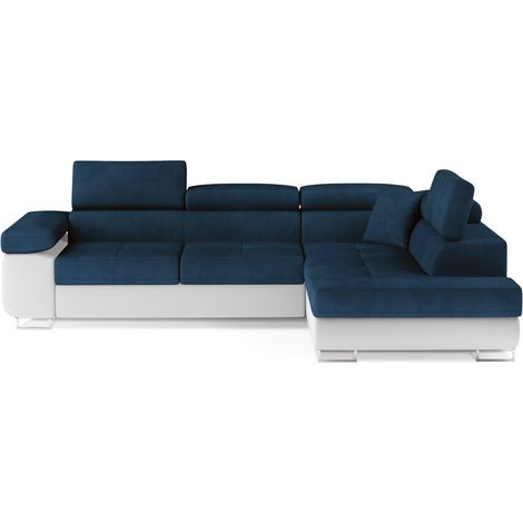Divano angolare trasformabile MENTON blu scuro e bianco bouclé - Angolo destro con contenitore (1/5)