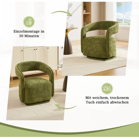 Fauteuil lounge pivotant à 360° en chenille verte, design Barrel Chair pour salon et coin lecture (1/5)