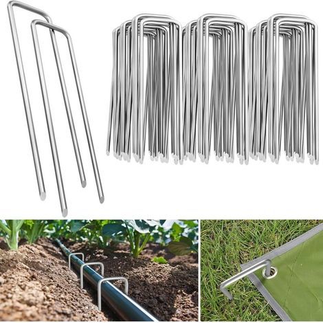 50Pcs Piquets de Jardin en Forme de U 150 mm x 30 mm, Piquets de Fixation en Acier Galvanisé pour Toile de Paillage, Agrafes de Jardin pour Bâche Anti-Mauvaises Herbes - Anti-Rouille - (1/5)