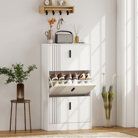 MODFU – Zapatero 63x24x117 cm de MDF con 3 puertas abatibles, estantes regulables, para 18 pares y antivuelco – Blanco (1/5)