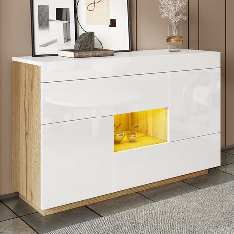 Credenza bianca lucida 120 x 76,5 x 37 cm con LED multicolore, 2 cassetti, 2 ante e nicchia HAVRYA (1/5)
