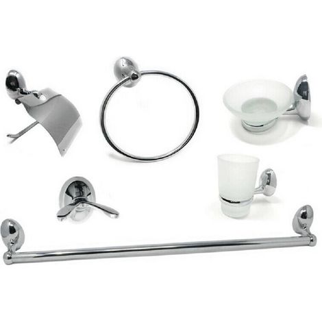 TRADE SHOP - Set Bagno Moderno Acciaio Cromato Vetro Satinato 6pz Porta Rotolo Sapone 52918 - (1/2)