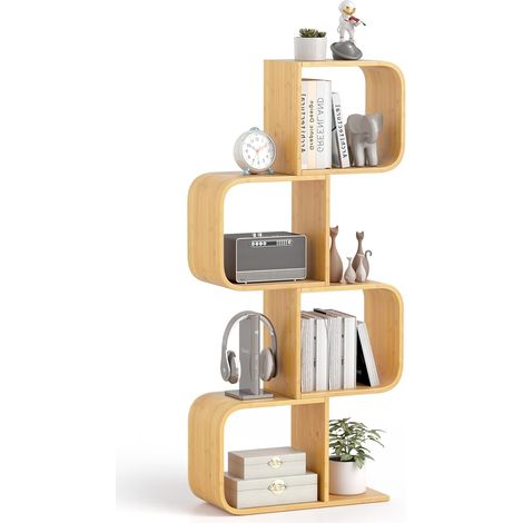 Bibliothèque en Forme de 'S' à 4 Niveaux, Etagère en Bambou avec 4 Cubes Ouverts, Etagère d'angle Géométrique, Etagère de Rangement, Naturel (1/5)