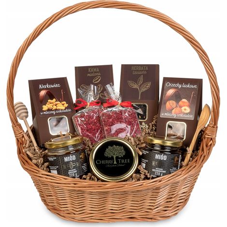 Cesta de regalo: chocolate negro con té, café, dulces, miel y mermelada. (1/5)