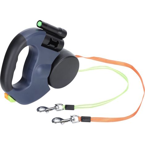 Laisse de marche double pour animaux de compagnie, rétractable, réfléchissante, rotation à 360 °, avec lampe de poche LED (1/5)