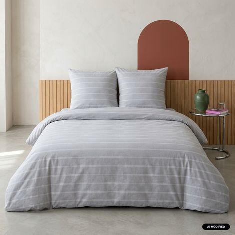 Parure de lit microfibre lavée 2 places rayures gris - Tim 240 x 220 cm (1/3)