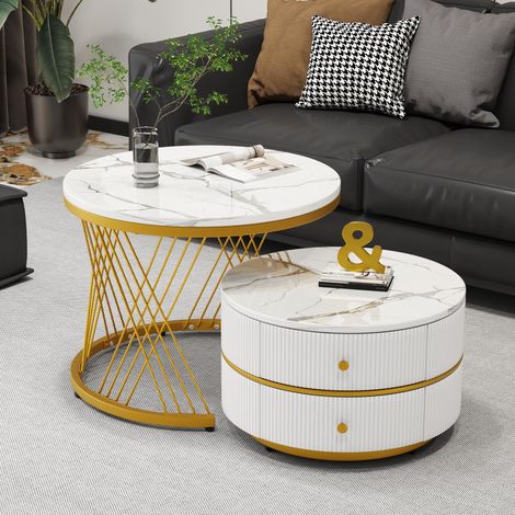 Elegantes 2-teiliges, weißes Couchtisch-Set in Nestform, 606046cm & 505030.8cm, runde Tische mit hochglänzender Marmoroptik, 2 Schubladen, bis 30kg belastbar,Nesting-Kombination Couchtisch (1/5)