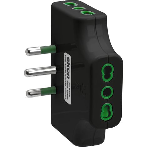 Adaptateur multiprise Plat, 3 Prises européennes, Prise Italienne 16A, Peu encombrant, Noir (1/2)