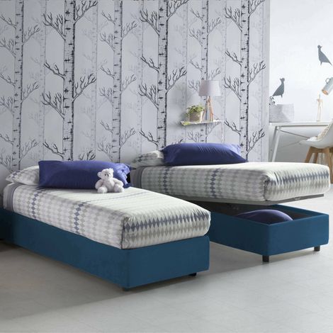 Dmora - Einzelbett Dabate, Containerbett mit Stoffbespannung, 100% Made in Italy, Frontöffnung, inklusive Matratze Cm 80x190, Blau (1/4)