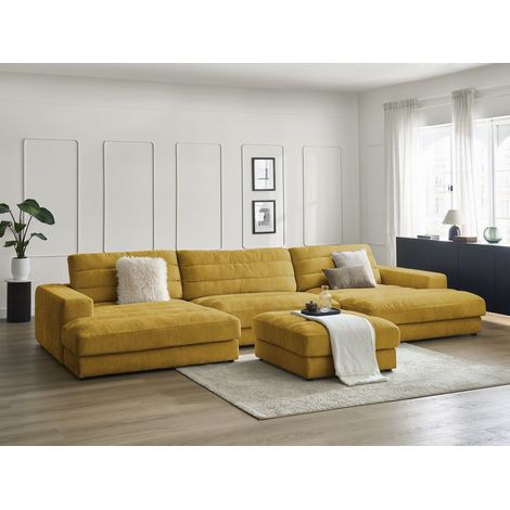 BOBOCHIC - Canapé panoramique fixe SIERRA tissu texturé avec pouf Jaune (1/5)