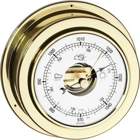 TFA Dostmann Barometro analogico Maritim, 29.4010.B, per previsioni meteorologiche, in Ottone Lucido, Misura la Pressione dell'Aria, Diametro 14 cm, Oro (1/3)