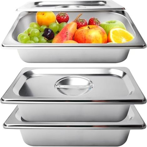 Bac Gastro Inox GN 1/3, Set de 3 Bacs Gastronomiques Inox avec Couvercles, PlatInox avec Couvercle, 32,5x17,6x6,5cm PlatInox GN 1/3 pour Panure, Cuisine Pro, Service (1/5)