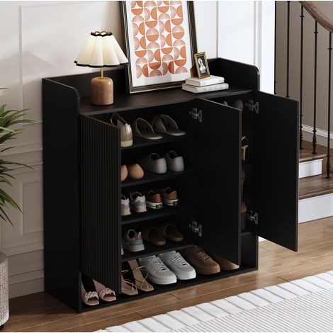 Meuble à chaussures avec miroir pleine hauteur, 3 portes, étagères réglables, noir DESVIAE (1/5)