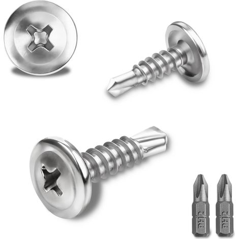 Lot de 300 vis autotaraudeuses en acier inoxydable 410 - 4,2 x 13 mm - Vis auto-taraudeuses - Pour acier - Vis à métal - Vis auto-perceuses à tête fraisée avec 2 embouts (argentés) (1/5)
