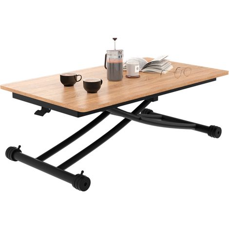 Idmarket – Table basse relevable 100 cm – Bois MDF noir et bois – Hauteur ajustable 28/75 cm – Pour salon et bureau – Roulettes avec freins (1/5)