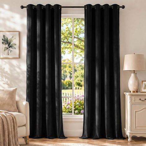 Thermal Velvet Curtain, 2 Pieces, 100% Blackout Curtain, 140 x 280 cm, Black Thermal Insulated Curtain Cold and Warm Anti-Cold, Curtain with Ring Top Velvet Effect for Living Room Bedroom (1/5)