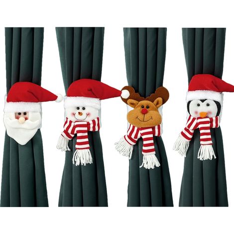 JSSEVN - Christmas Curtain Tiebacks, 4 Pcs, Cartoon Christmas Curtain Tiebacks, Santa Claus, Snowman, Reindeer, Penguin, Doll, Window Decoration for Christmas (1/5)