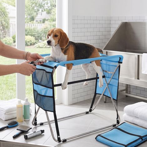 Hunde- und Katzenbadewanne mit Hängematte, faltbarem Edelstahlrahmen, 8 Löchern, blau, groß, tragbar für kleine und mittelgroße Hunde (1/5)