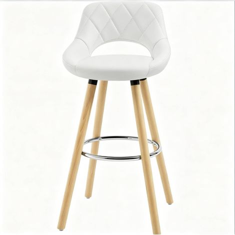 Taburete de bar con respaldo de polipiel blanca y patas de madera MODENUIT (1/5)