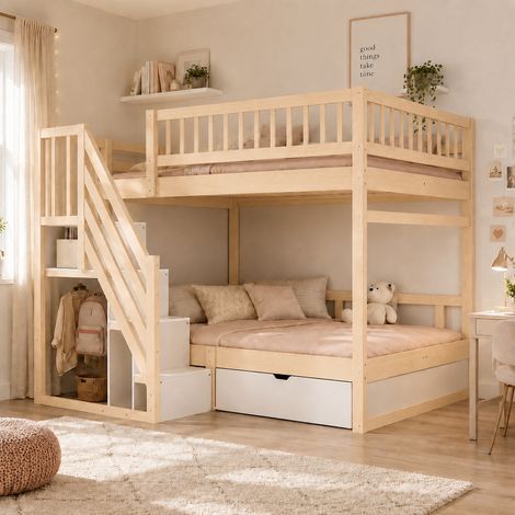 Lit superposé en bois massif 140 x 200 cm, avec barrière de sécurité haute, sommier à lattes, échelle de sécurité avec espace de rangement et tiroirs de rangement. Lit enfant junior double, coloris bo (1/5)