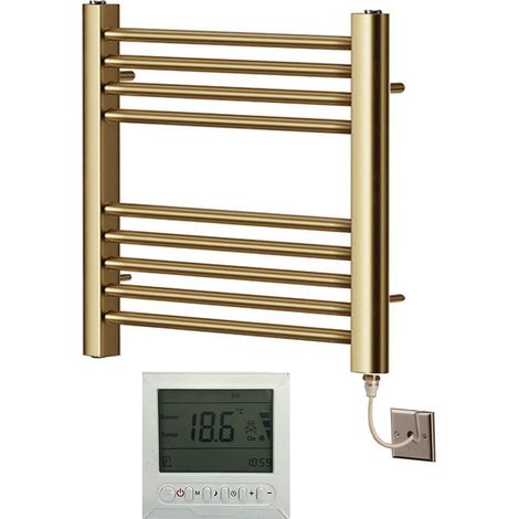 York Flat Brushed Brass Electric Towel Rail 500mm Wide x 600mm High + 7 Day Timer/Thermostat (1/4)