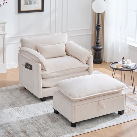 Moderner Chenille-Sessel in Beige mit Stauraum-Hocker 103 x 85 x 91 cm (1/5)