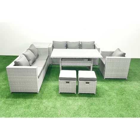 Fimous 7 Stücke Rattan Garten Sofa Set mit Kissen Terrassen Gartenmöbel Sets mit Sessel Esstisch Beistelltisch 2 kleine Fußhockern (1/4)