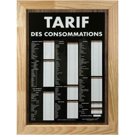 Panneau bois brut TARIF DES CONSOMMATIONS traditionnel dimensions 61 x 41 cm (1/5)