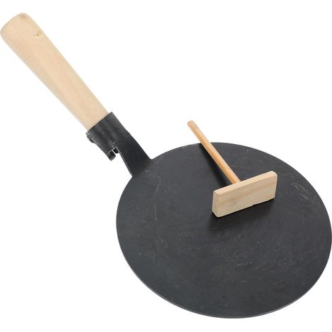 Poêle à crêpes antiadhésive de 13 cm diamètre, plate, avec manche en bois et spatule, pour la décoration de gâteaux et le -déjeuner