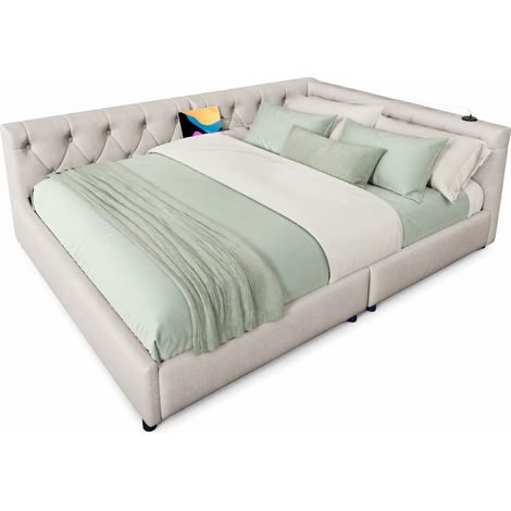 CHICFURN Canapé lit Daybed 140 x 200 cm en lin beige avec éclairage LED et ports USB Type C (1/5)