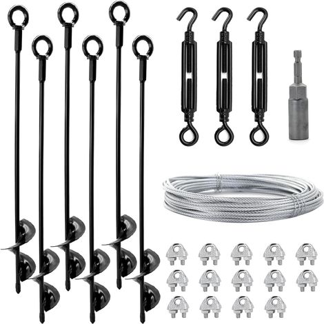 Piquets d'ancrage au Sol 45 cm avec 15M Câble Acier Galvanisé et Tendeurs, Lot de 6 Piquets Résistants, Kit d'Haubanage Extérieur Anti-Vent pour Abri de Jardin et Serre, Trampoline, Tonnelle (1/5)